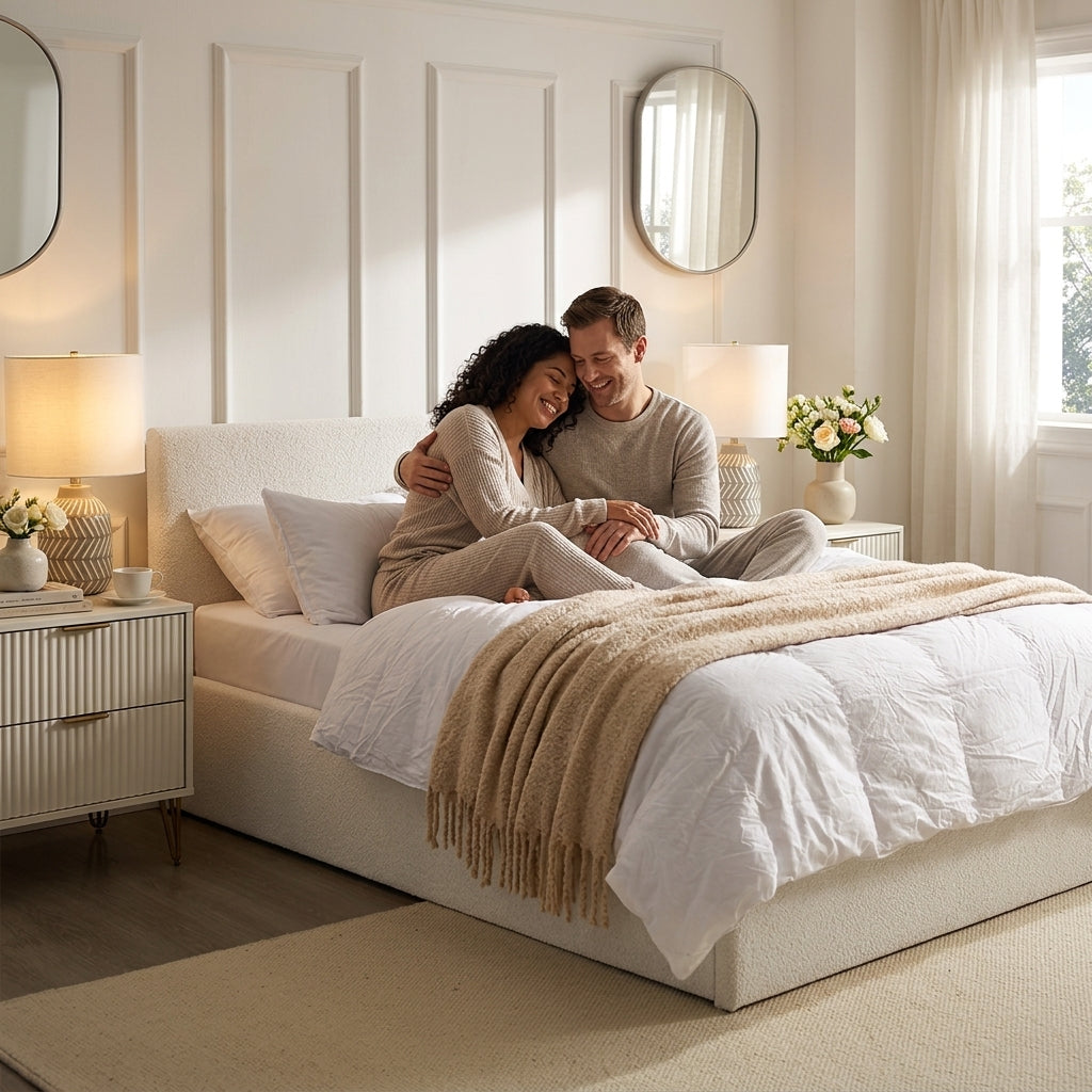 The Hampstead white boucle ottoman storage bed with gas-lift base open showing 610 litre storage – Comfort Crest