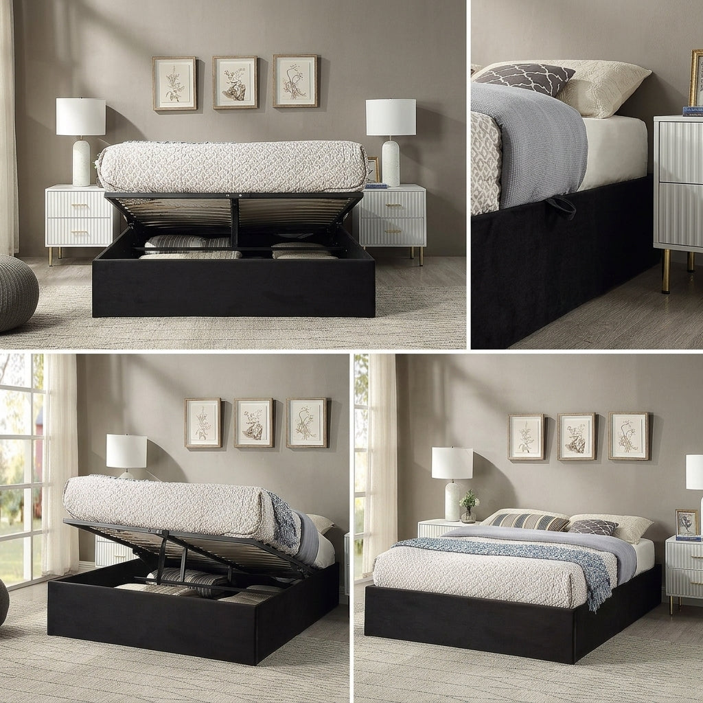 The Nightingale — Black Velvet Ottoman Storage Bed & Pocket Sprung Mattress
