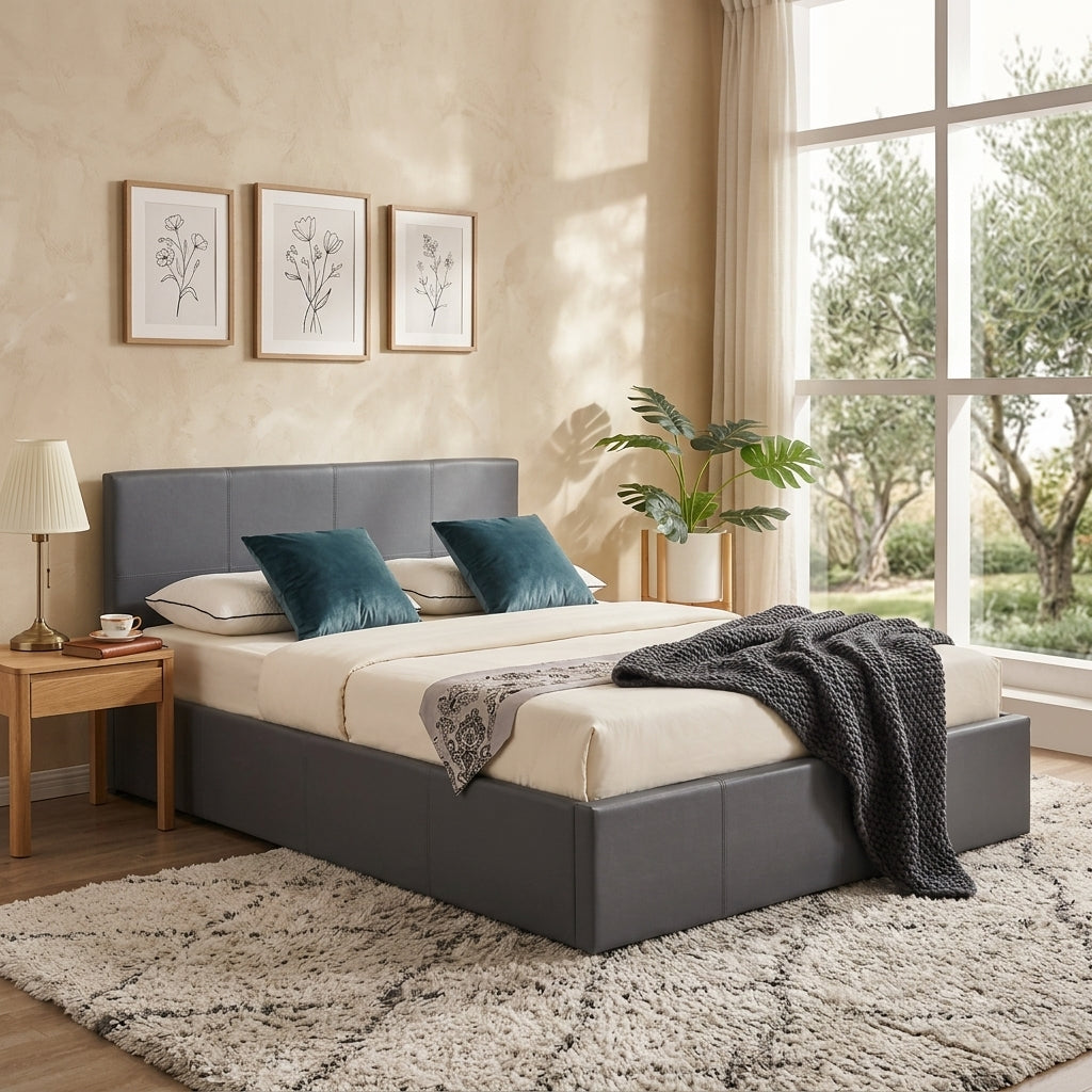 Ottoman Bed Gas Lift Storage Leather Grey 3ft Single with 1 Mattress Pine Wood Bedroom