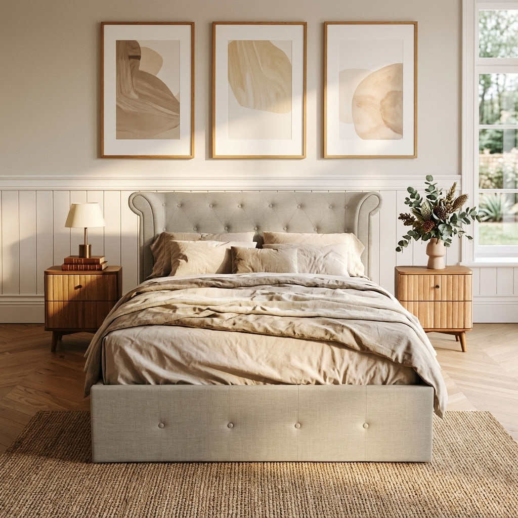 Edison Ottoman Storage Bed in Light Grey Linen — Double