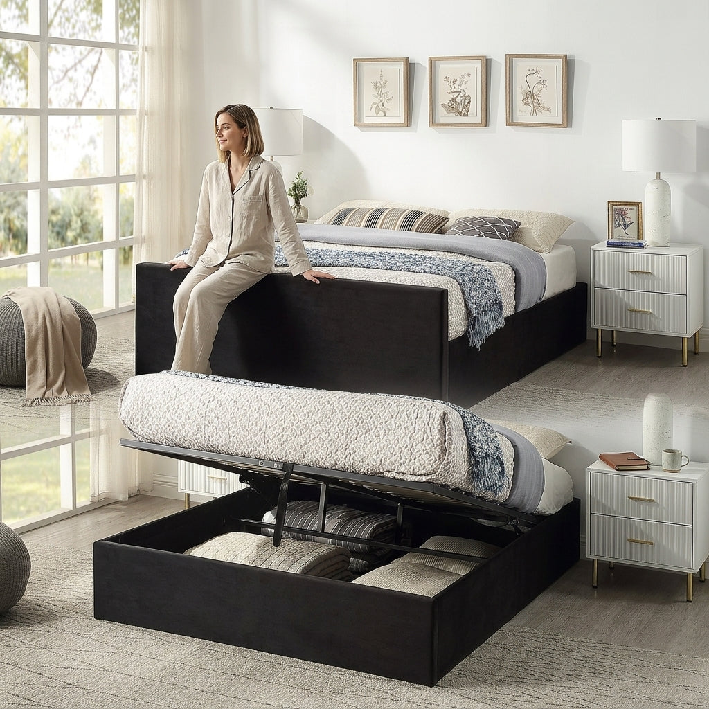 The Nightingale — Black Velvet Ottoman Storage Bed & Pocket Sprung Mattress