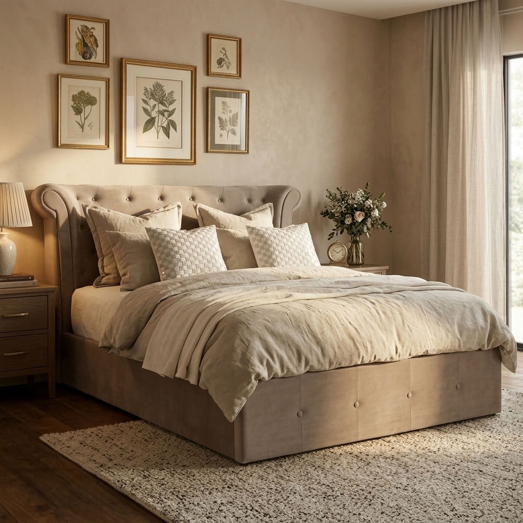 Edison Ottoman Storage Bed in Mink Velvet — Double