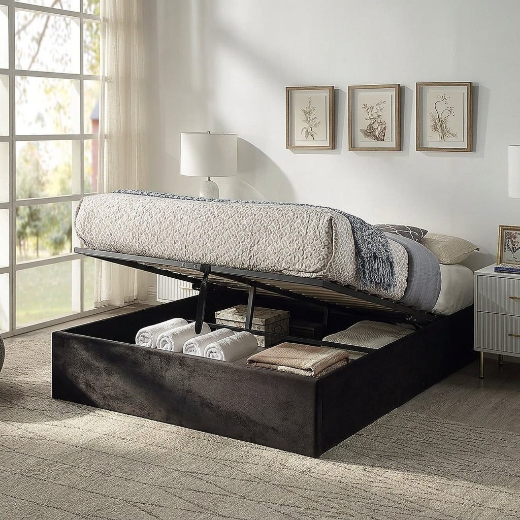 The Nightingale — Black Velvet Ottoman Storage Bed & Pocket Sprung Mattress