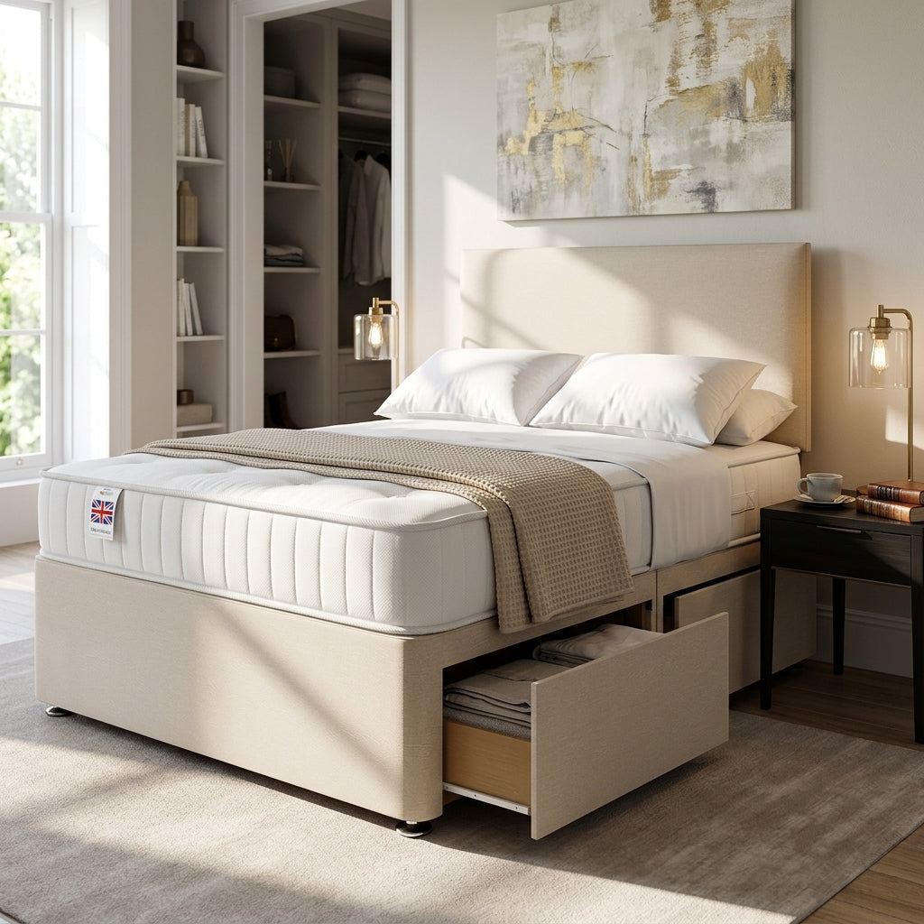 The Pimlico cream platform top divan bed base with two storage drawers, king size - Comfort Crest