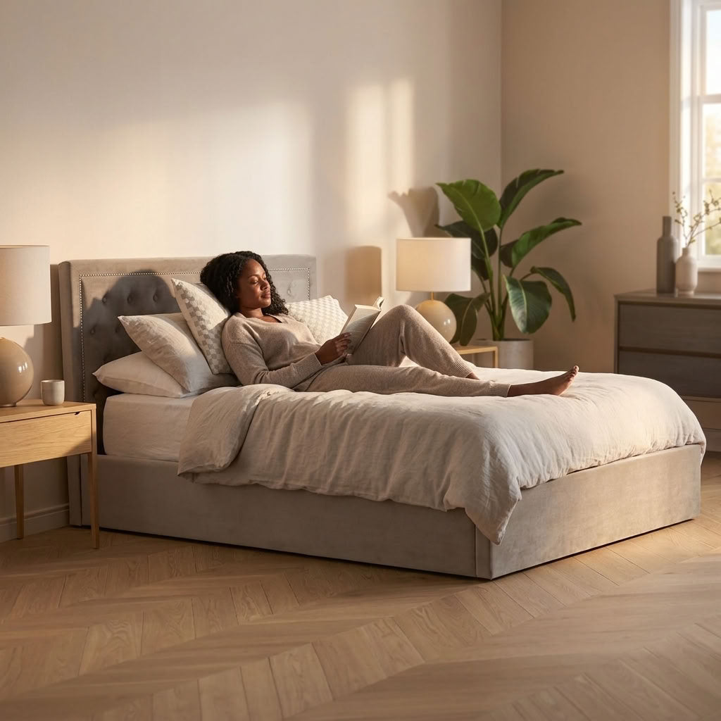 Hannah Ottoman Storage Bed in Mink Velvet — King