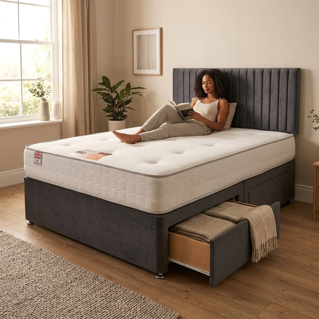 Knight Sleep Emily Charcoal Plush 4FT6 Bed Set With Mattress, 2 Drawers Same Side & 24"Headboard - Double