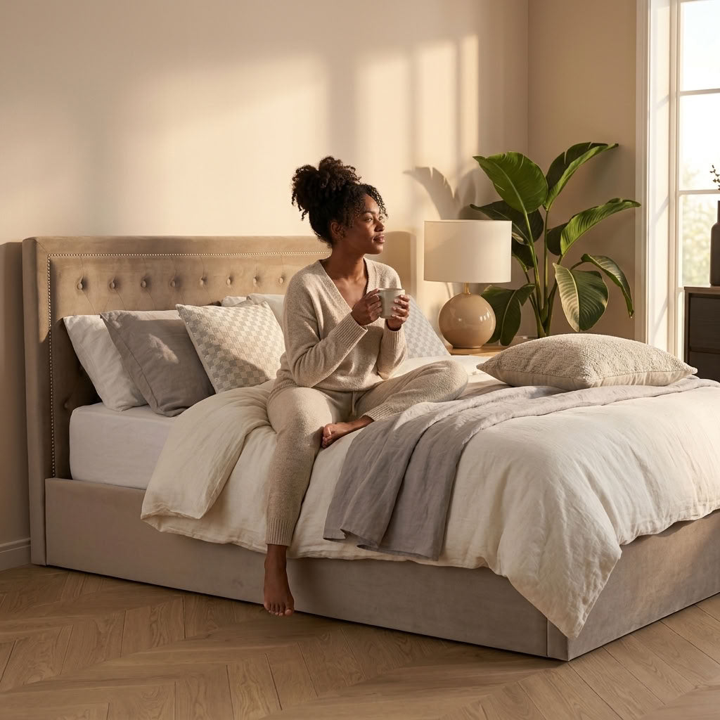 Hannah Ottoman Storage Bed in Mink Velvet — King