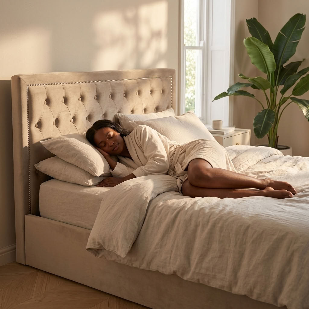 Hannah Ottoman Storage Bed in Mink Velvet — King