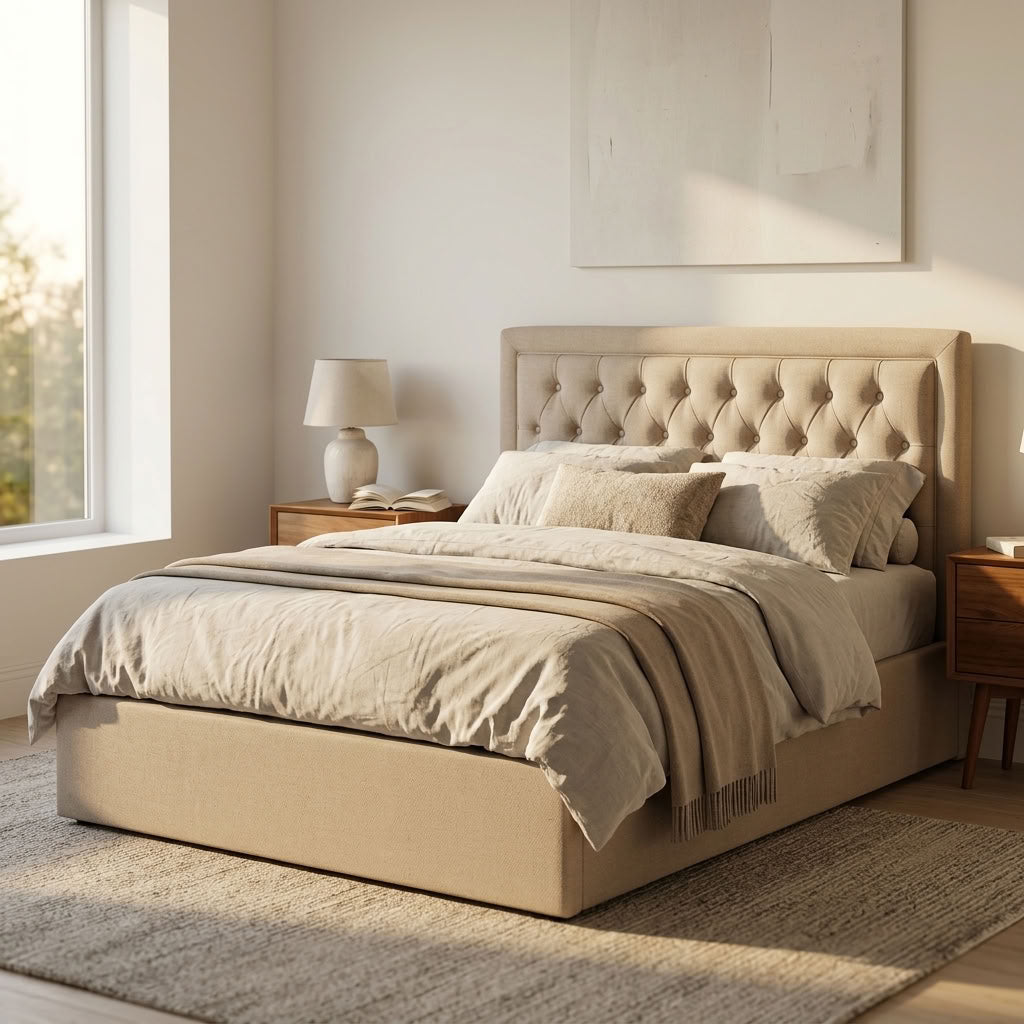 Hannah Ottoman Storage Bed in Beige Linen — Double