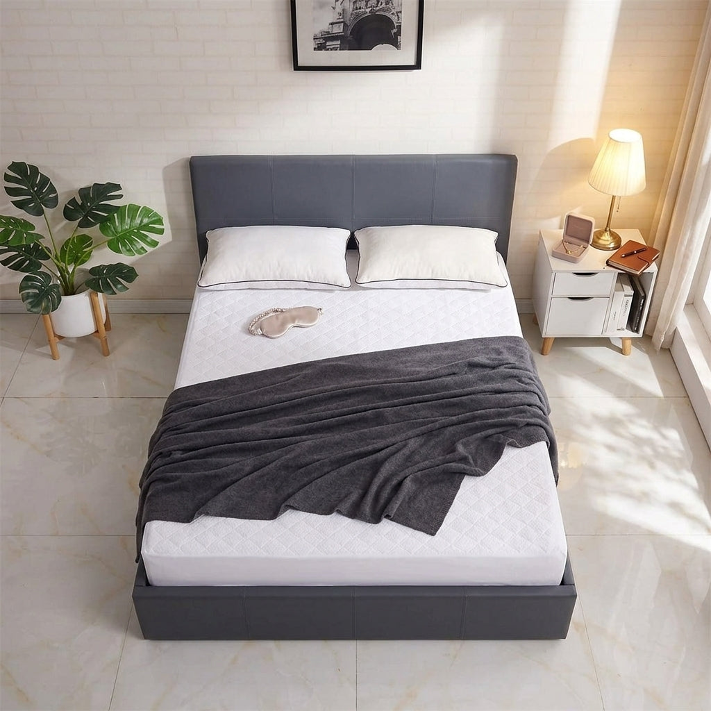 Ottoman Bed Gas Lift Storage Leather Grey 3ft Single with 1 Mattress Pine Wood Bedroom