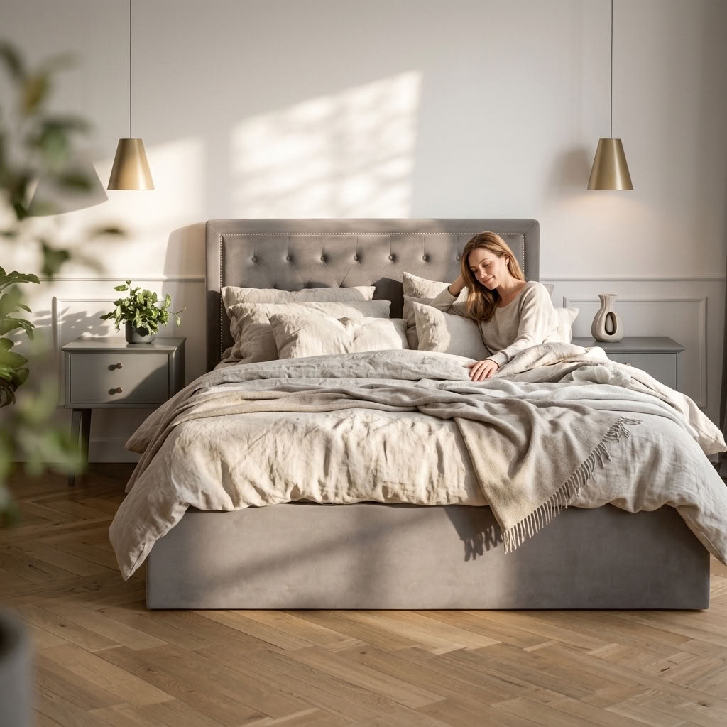 Edison Ottoman Storage Bed in Mink Velvet — Double