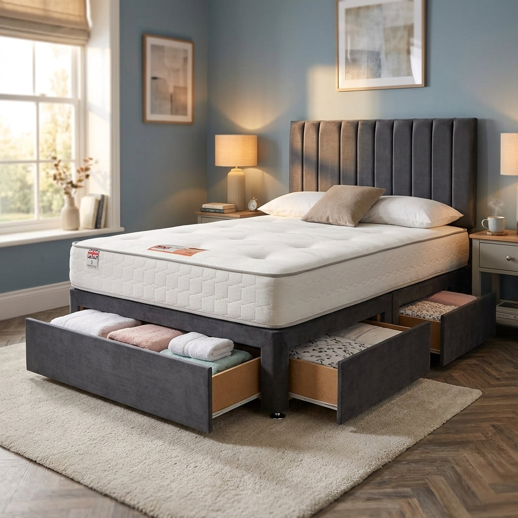 Knight Sleep Emily Charcoal Plush 4FT6 Bed Set With Mattress, 2 Drawers Same Side & 24"Headboard - Double