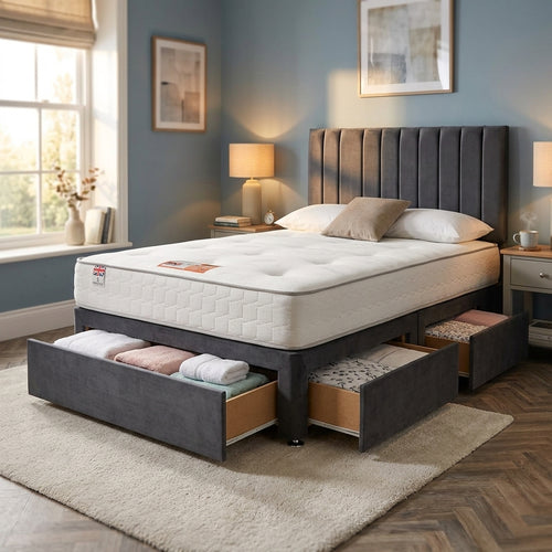 Knight Sleep Emily Charcoal Plush 4FT6 Bed Set With Mattress, 2 Drawers Same Side & 24"Headboard - Double