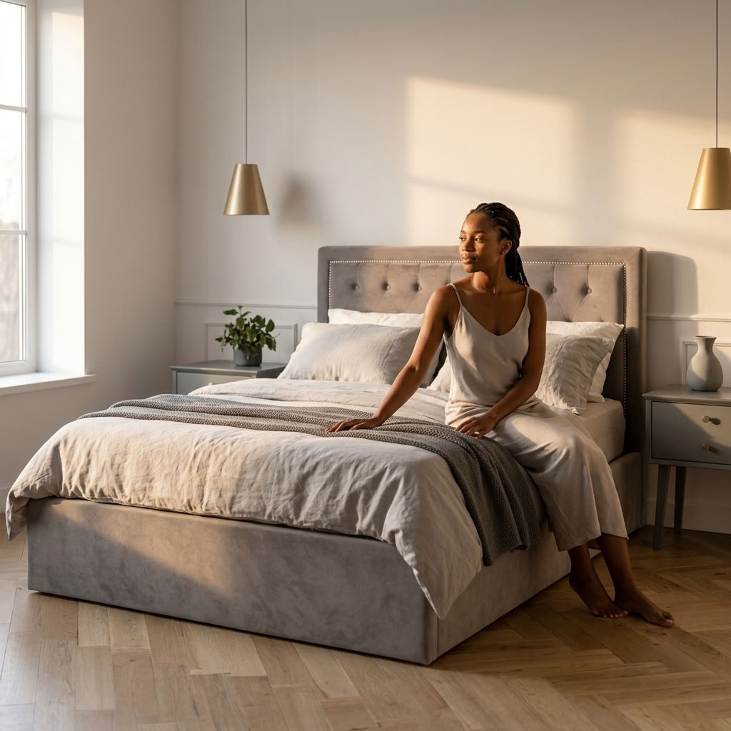Edison Ottoman Storage Bed in Mink Velvet — Double