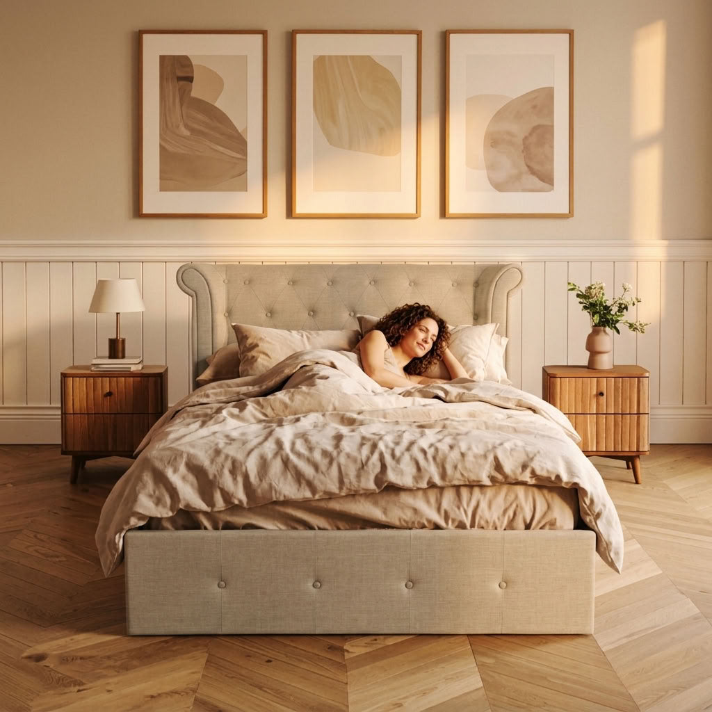 Edison Ottoman Storage Bed in Light Grey Linen — Double