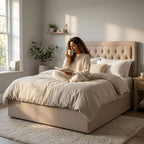 Hannah Ottoman Storage Bed in Beige Linen — Double