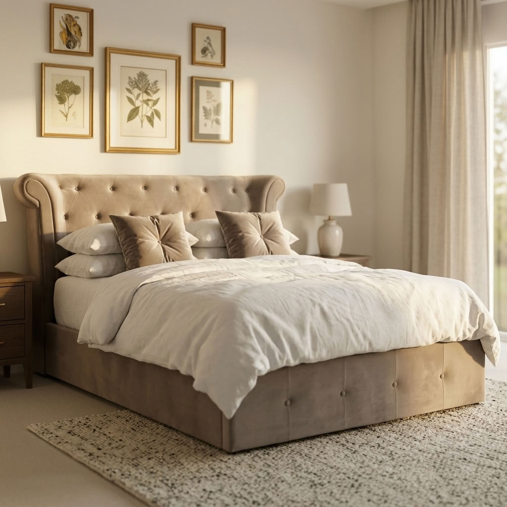 Edison Ottoman Storage Bed in Mink Velvet — Double