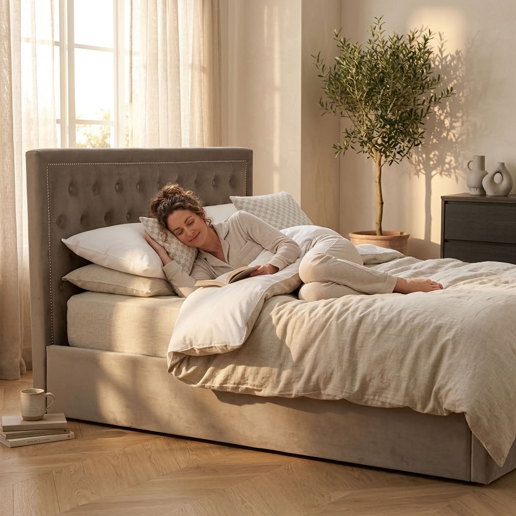 Hannah Ottoman Storage Bed in Mink Velvet — King