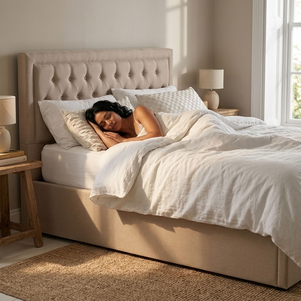 Hannah Ottoman Storage Bed in Beige Linen — Double