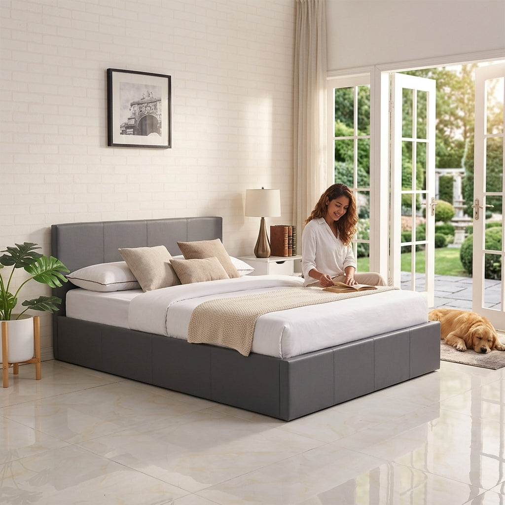 Ottoman Bed Gas Lift Storage Leather Grey 3ft Single with 1 Mattress Pine Wood Bedroom