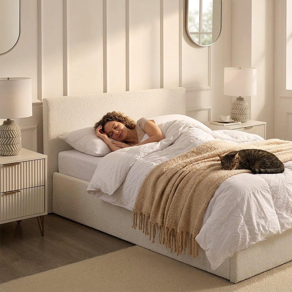 TEDDY BOUCLE 4FT6 Double Gas Lift Up Ottoman Storage Bedframe (H: 88.5cm x W: 153cm x L: 203cm) (White)