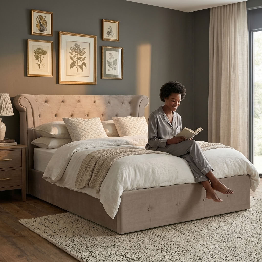 Edison Ottoman Storage Bed in Mink Velvet — Double