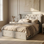 Edison Ottoman Storage Bed in Light Grey Linen — Double