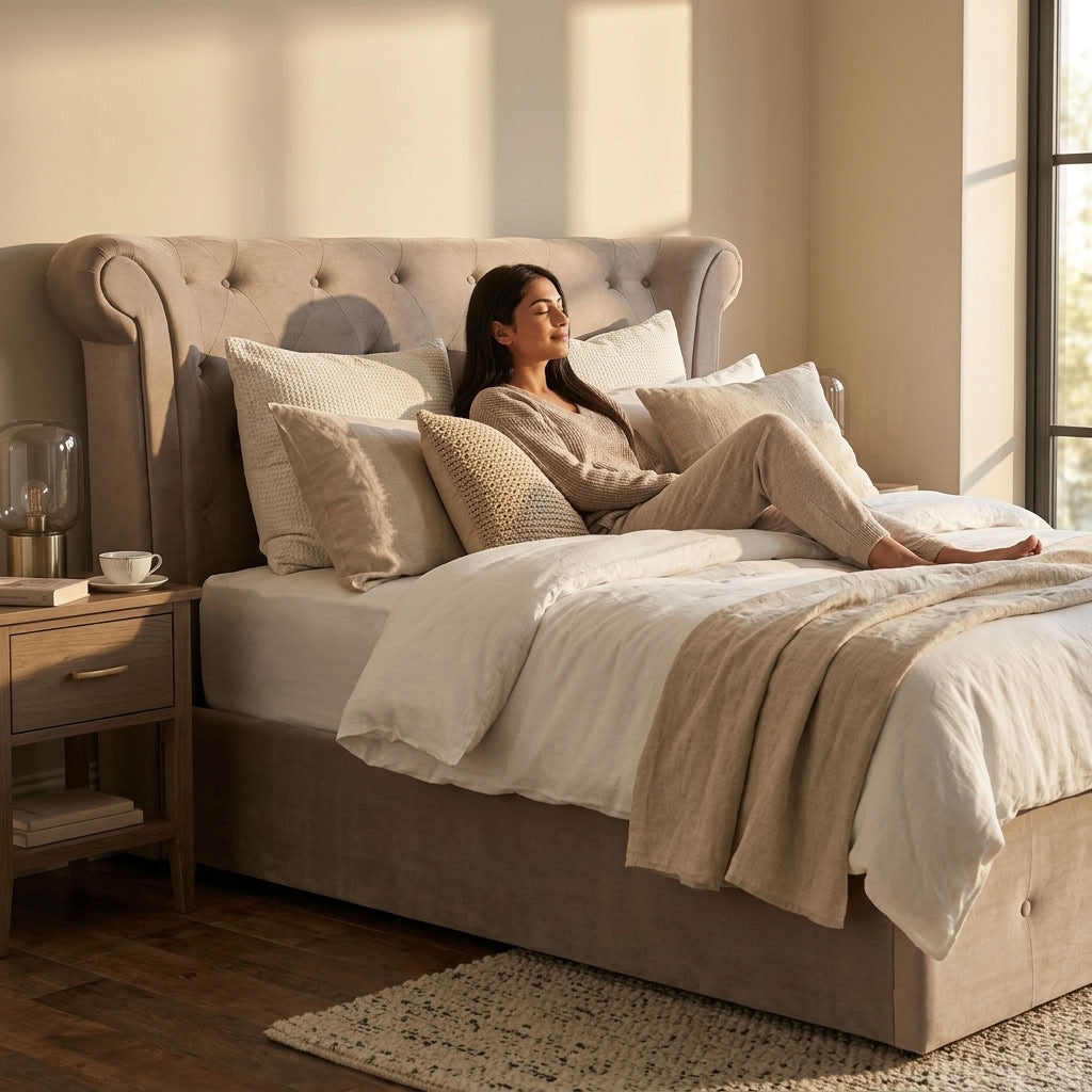 Edison Ottoman Storage Bed in Mink Velvet — Double