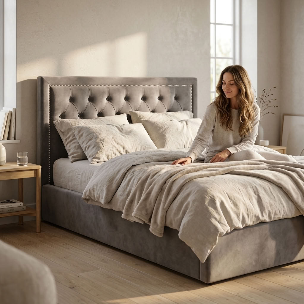 Edison Ottoman Storage Bed in Mink Velvet — Double