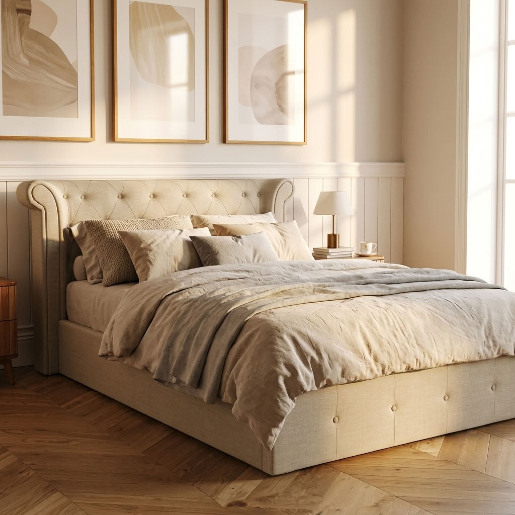 Edison Ottoman Storage Bed in Light Grey Linen — Double