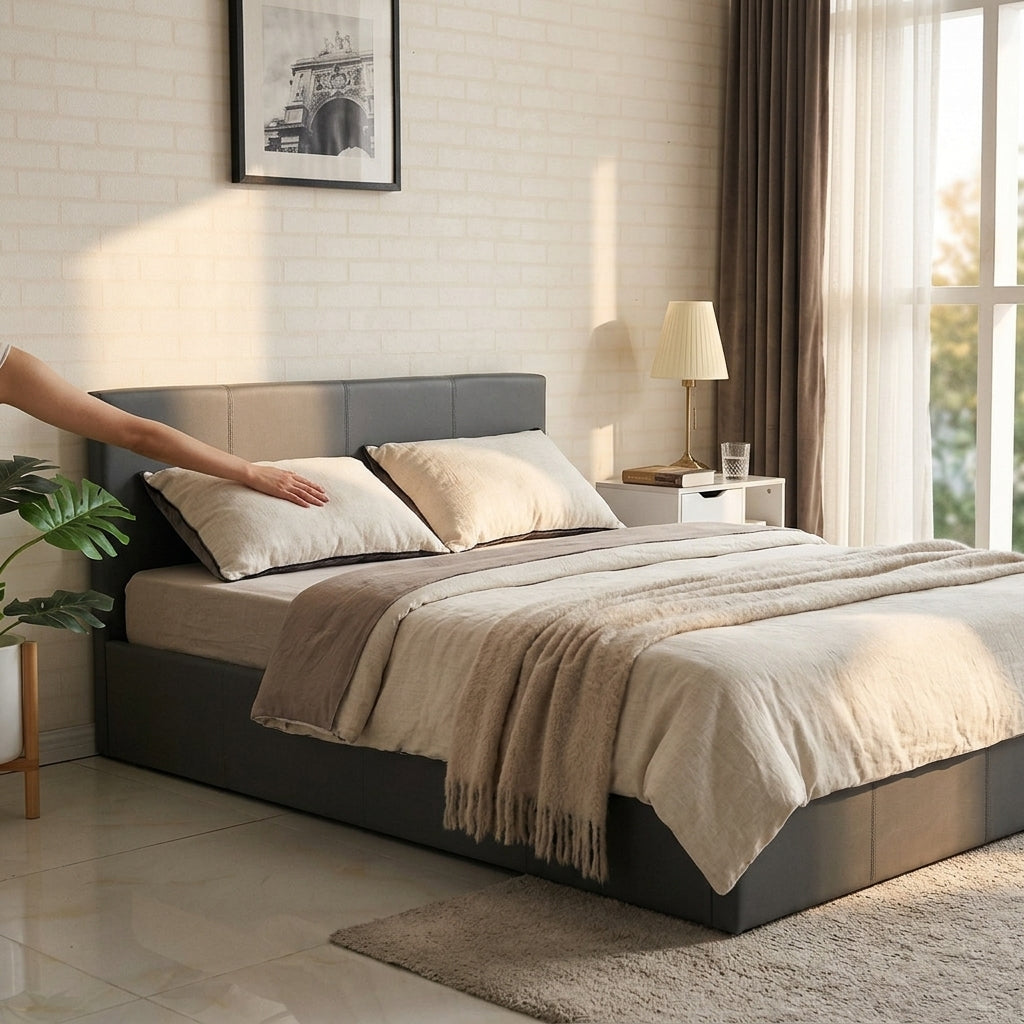 Ottoman Bed Gas Lift Storage Leather Grey 3ft Single with 1 Mattress Pine Wood Bedroom