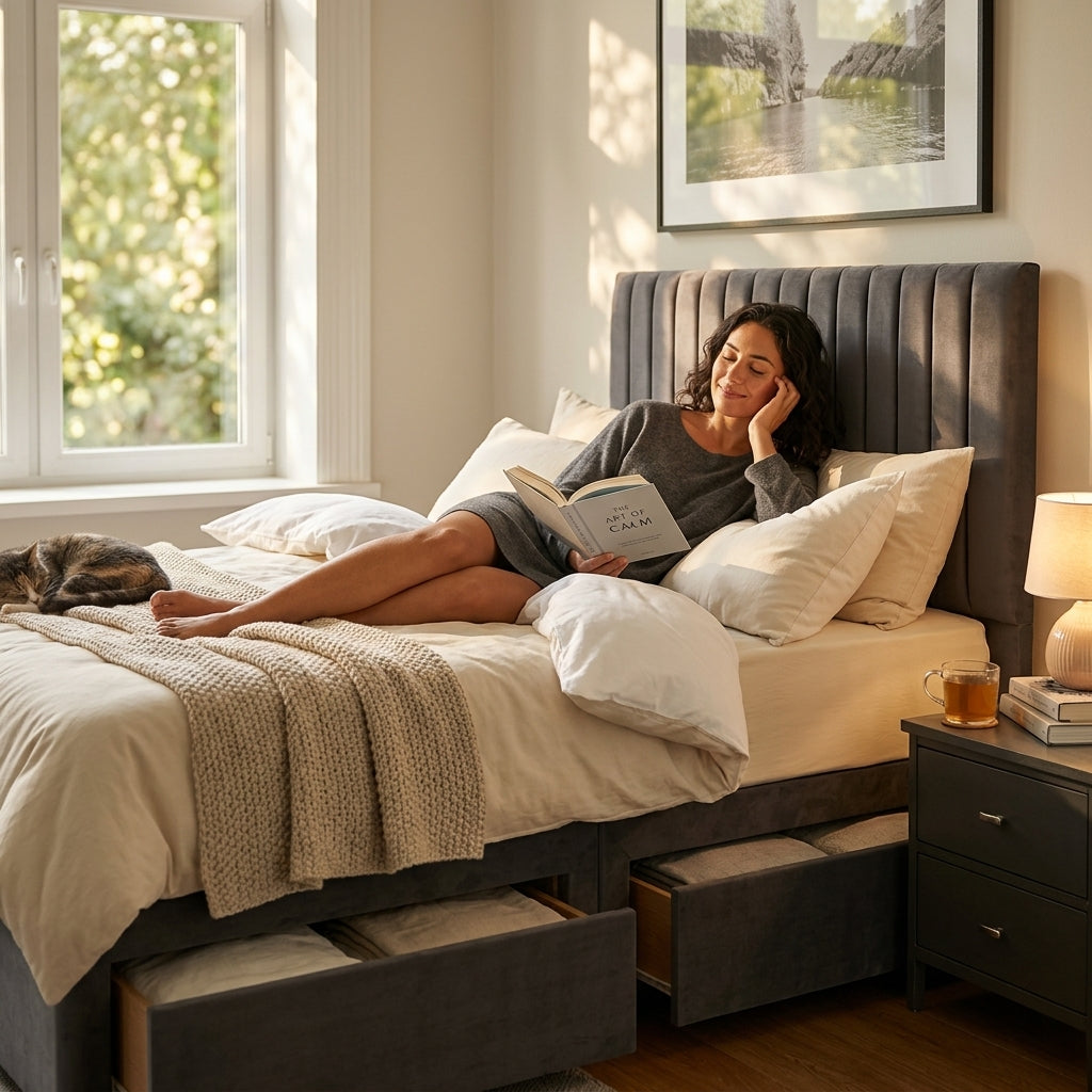 Knight Sleep Emily Charcoal Plush 4FT6 Bed Set With Mattress, 2 Drawers Same Side & 24"Headboard - Double