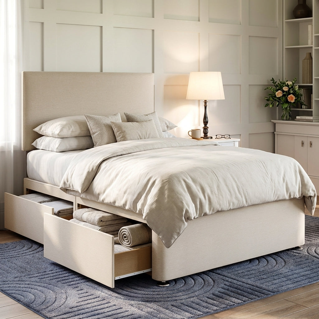 The Pimlico cream platform top divan bed base with two storage drawers, king size - Comfort Crest