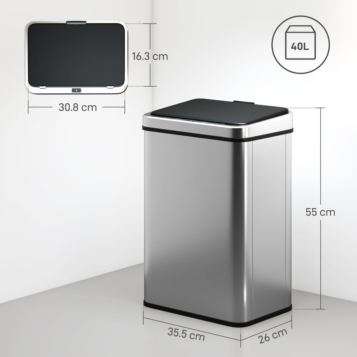 Aurora 40L Touchless Sensor Bin in Brushed Steel