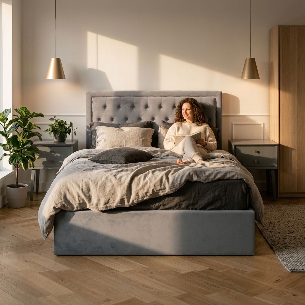 Edison Ottoman Storage Bed in Mink Velvet — Double