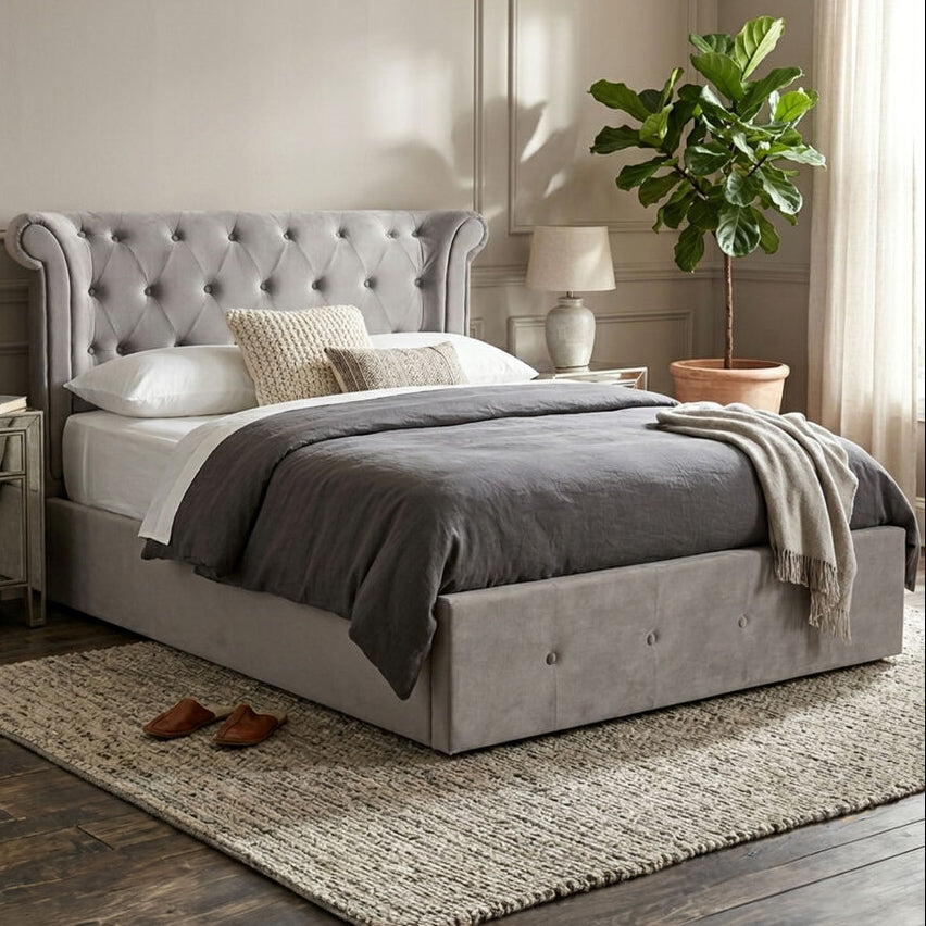 Edison Ottoman Storage Bed in Grey Velvet — Double