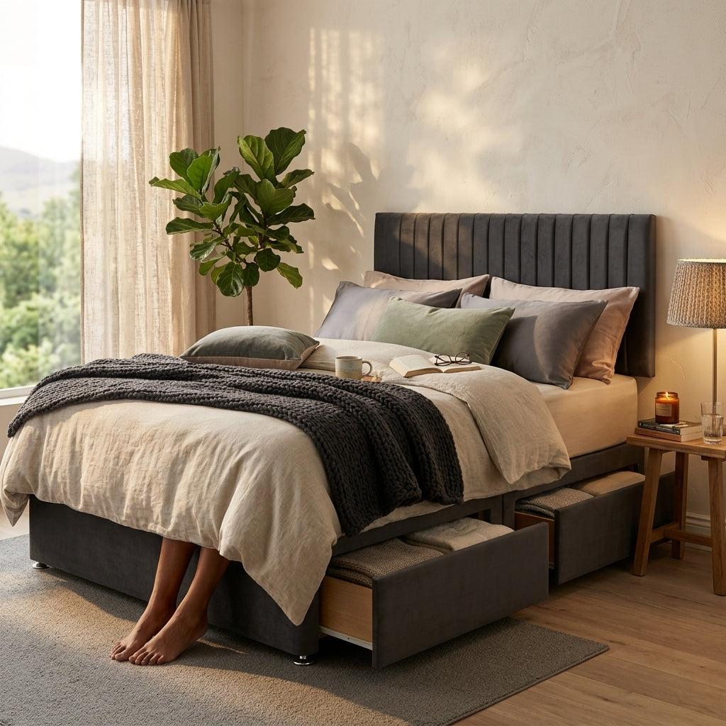 Knight Sleep Emily Charcoal Plush 4FT6 Bed Set With Mattress, 2 Drawers Same Side & 24"Headboard - Double