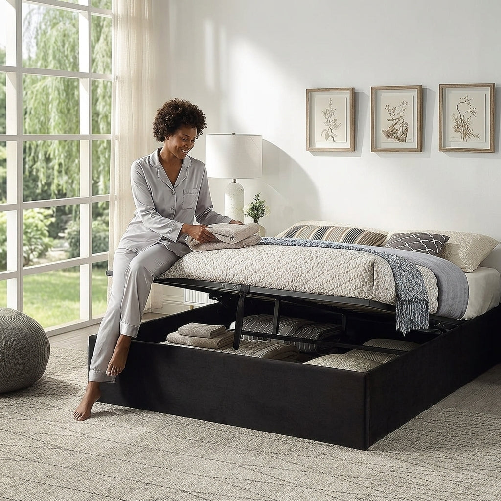 The Nightingale — Black Velvet Ottoman Storage Bed & Pocket Sprung Mattress