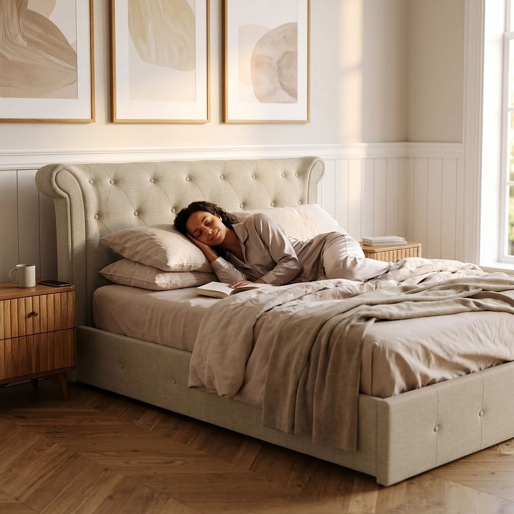 Edison Ottoman Storage Bed in Light Grey Linen — Double