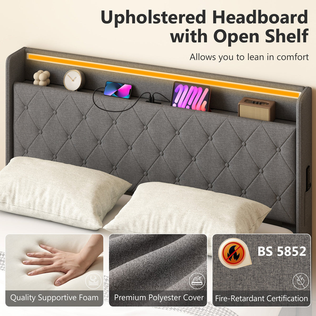 Halston LED Storage Bed Frame in Grey — King
