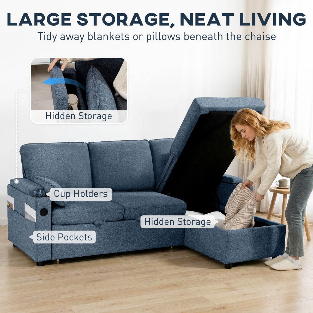 Hensley L-Shaped Corner Sofa Bed in Ink Blue