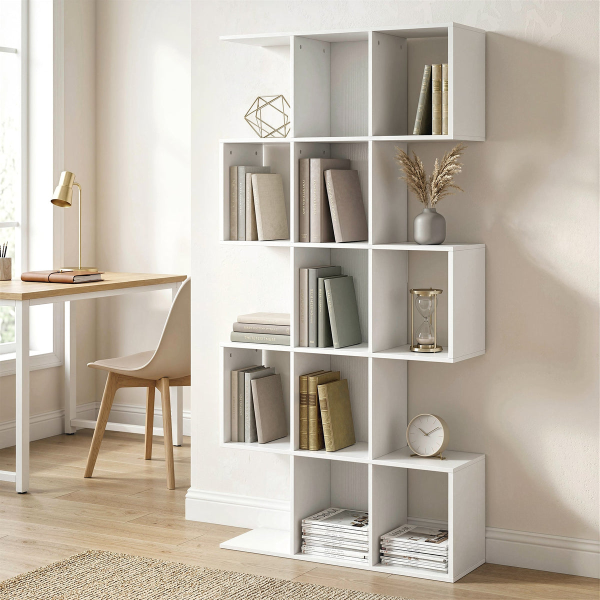 Halden S-Shaped Geometric Bookcase in White Oak