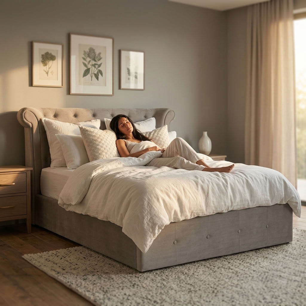 Edison Ottoman Storage Bed in Mink Velvet — Double