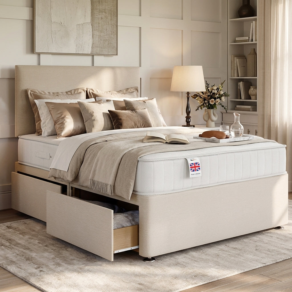 The Pimlico cream platform top divan bed base with two storage drawers, king size - Comfort Crest