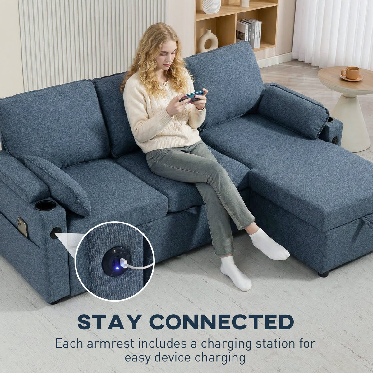 Hensley L-Shaped Corner Sofa Bed in Ink Blue
