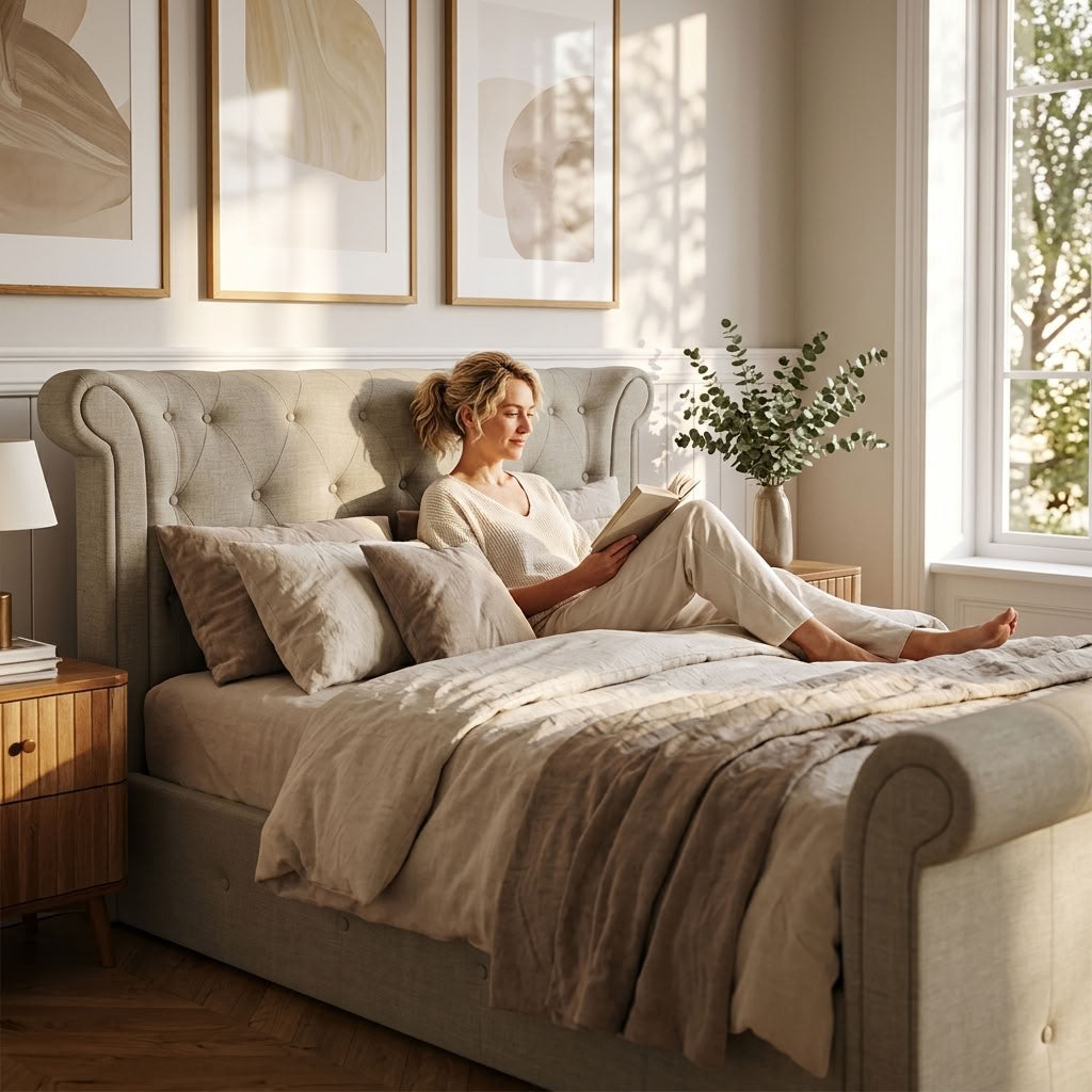 Edison Ottoman Storage Bed in Light Grey Linen — Double