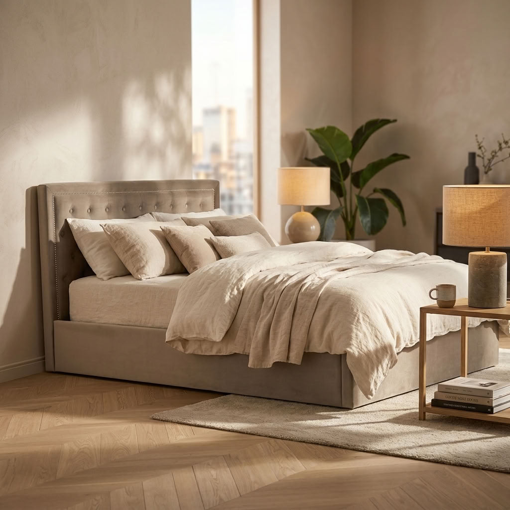 Hannah Ottoman Storage Bed in Mink Velvet — King