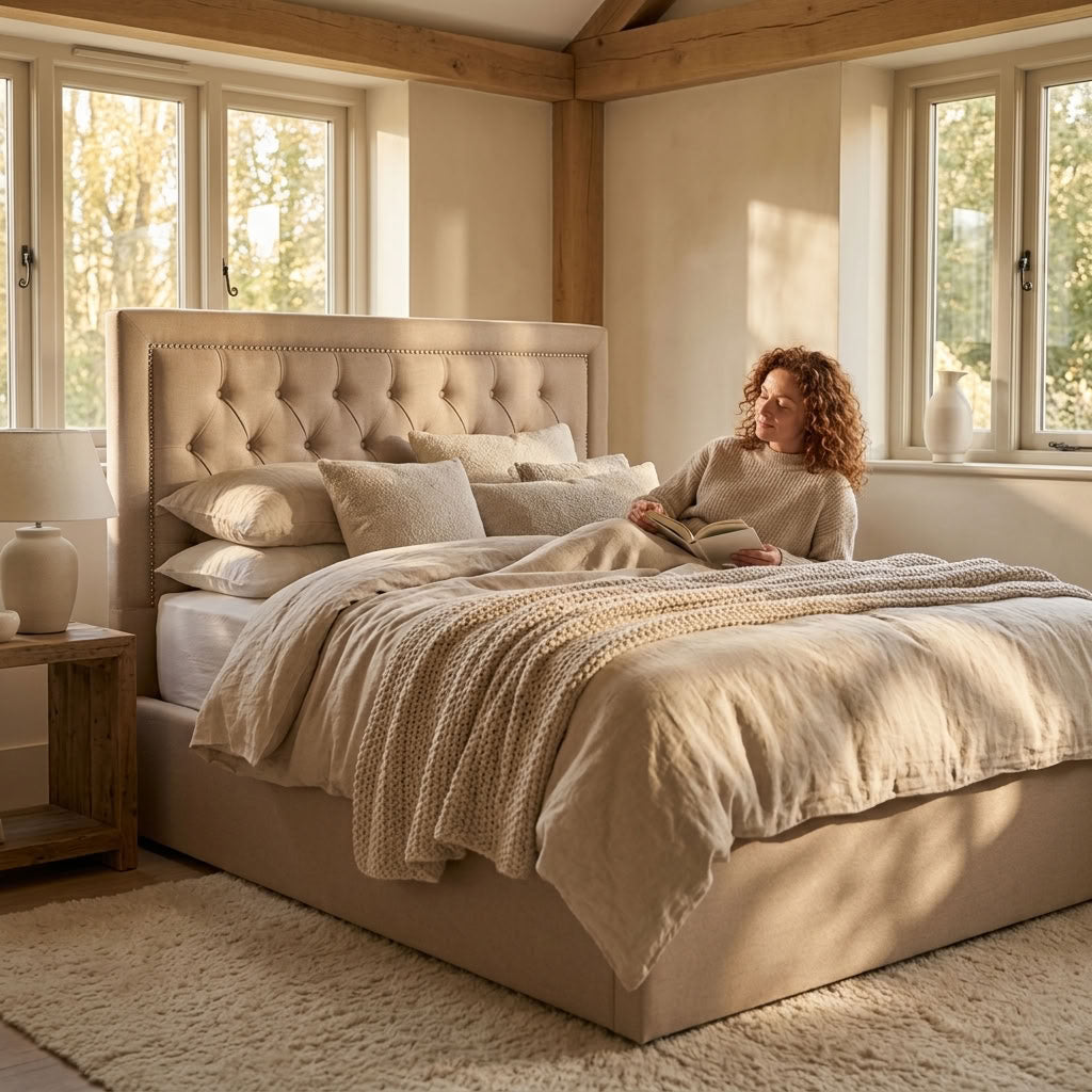 Hannah Ottoman Storage Bed in Beige Linen — Double