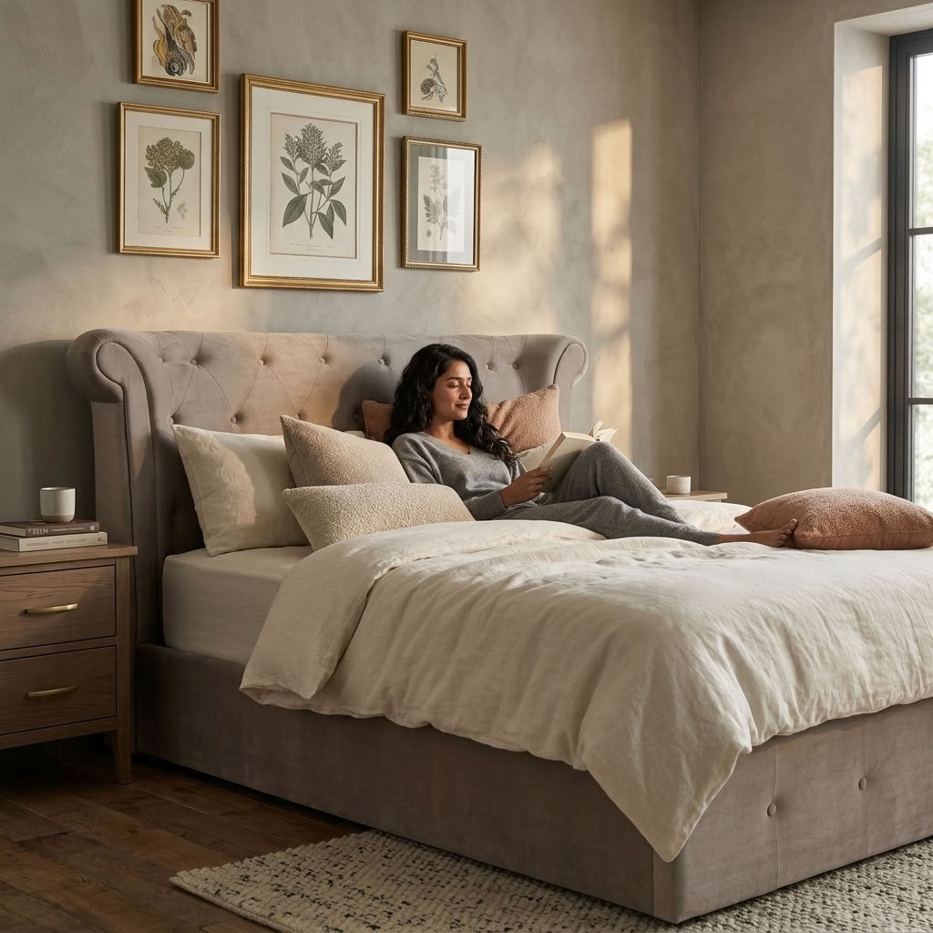Edison Ottoman Storage Bed in Mink Velvet — Double