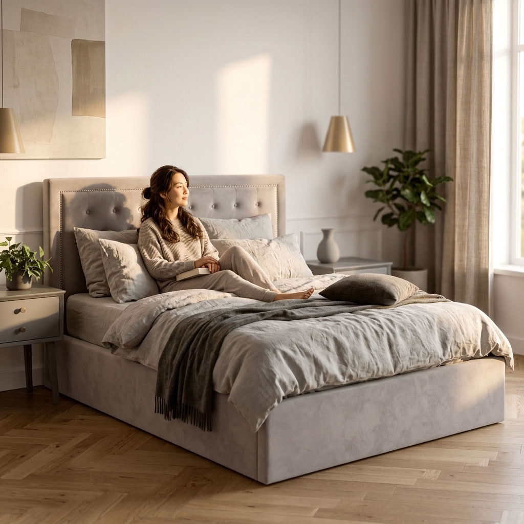 Hannah Ottoman Storage Bed in Grey Velvet — Double